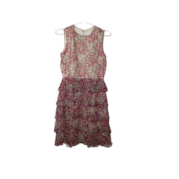 Anna Sui Size 4 Silk Pink Floral Sleeveless Tiered Ruffle Dress Boho Party” - Picture 2 of 13